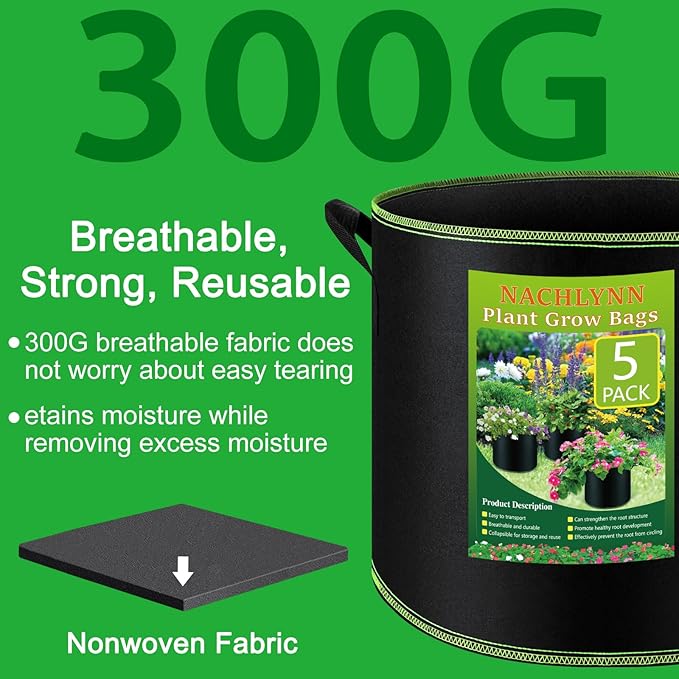NACHLYNN 5-Pack 7 Gallon Grow Bags Thickened Nonwoven Fabric Pots with Handles Heavy Duty Aeration Fabric Pots Plant or Fruits Flowers Plant for Gardening