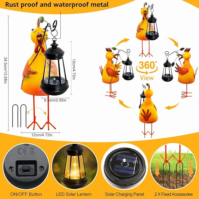 Garden Decor Chicken Solar Statues,Unique Garden Statues Chicken with Solar Lantern Waterproof,Birthday Gifts for Women Mom Grandma,Front Patio Balcony Yard Art Lawn Ornaments Porch Outdoor Decoration