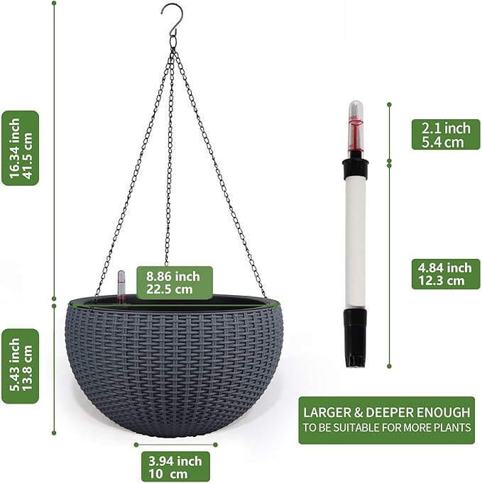 Dexceder 9 Inch Self Watering Hanging Planters Indoor Outdoor, Thickened Hanging Basket Flower Plant Pot with Water Level Indicator (Gray)
