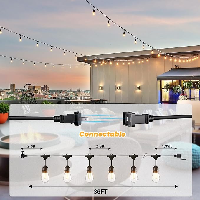 Svater 36 FT Outdoor String Lights 2W, Commercial Grade Patio Light with 13 pc Edison Shatterproof Bulbs, IP65 Waterproof LED Hanging Lighting for Bistro Cafe Market Outside Backyard, Warm White 2700K