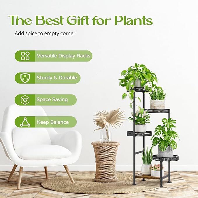 5 Tier Plant Stand Indoor Outdoor, Tierd Corner Metal Plant Stands Holder for Multiple Plants, Flower Orchid Pot Shelf Display Rack for Living Room Balcony Garden Patio, Black (5 tier-Hollow Black)