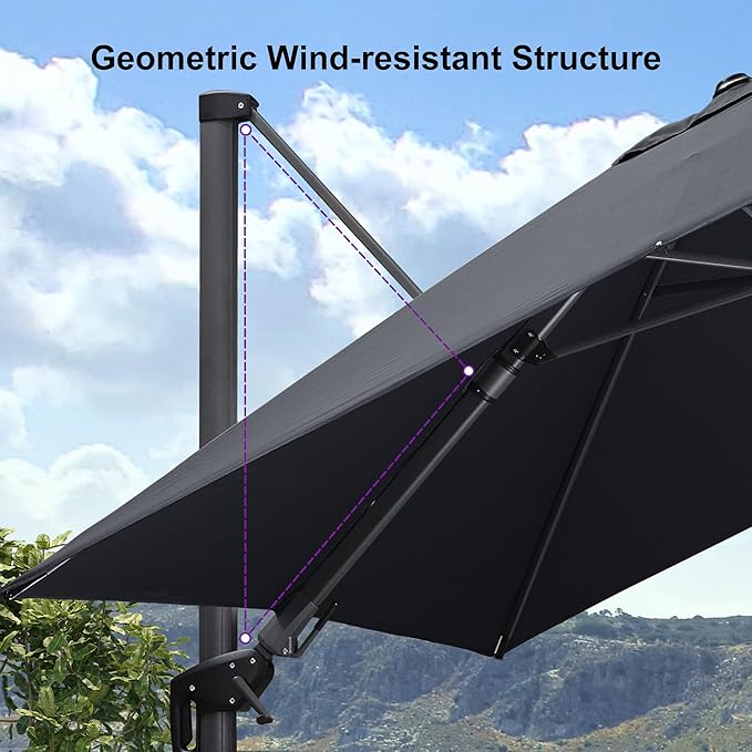 PURPLE LEAF 8.8' X 8.8' Left-right Tilt Patio Umbrella with Base Outdoor Cantilever Swivel Square Umbrella with Tilt Aluminum Offset Umbrella with 360-degree Rotation for Garden Deck Pool Patio Grey