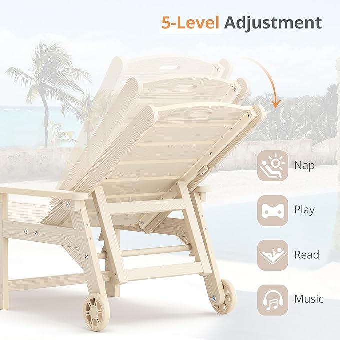 LUE BONA Chaise Lounge Chairs Set with Table, 3-Piece, 79'' Oversized HDPS Material, 5 Positions Adjustable Patio Lounge Chairs, Pool Lounge Chair with Wheels for Poolside, 3-Year Warranty, Sand