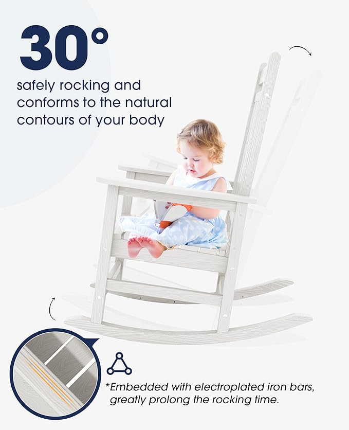KINGYES Oversized Outdoor Rocking Chair Set of 6, All-Weather Patio Rocking Chairs for Porch, HDPE Outdoor Patio Rockers with High Back & Wide Seat for Garden, Lawn, White