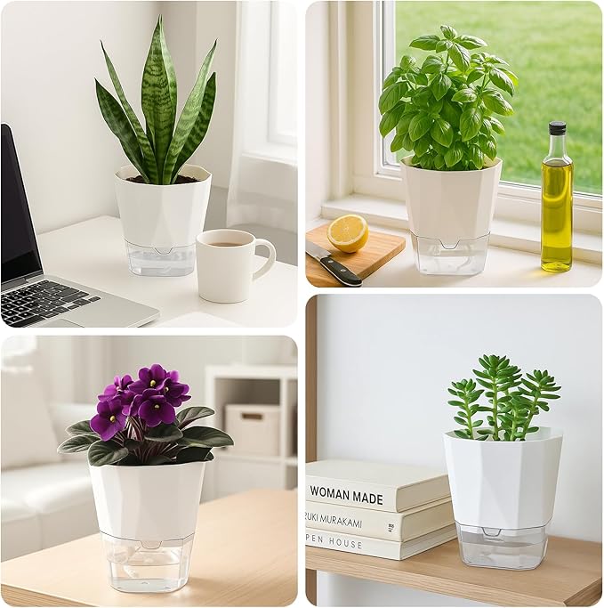 12 Pack Self Watering Plant Pots 6 Inches Self-Watering Planters for Indoor and Outdoor Plants African Violet Succulent Pots Clear Pot for Plants Large Herb Orchid Flower Houseplant Plant, White