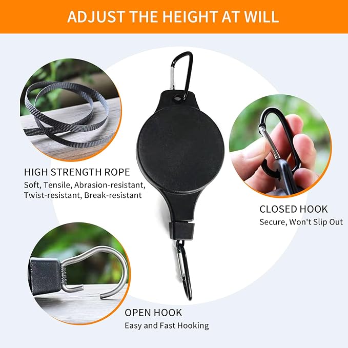 3Pack Retractable Plant Hanger Pulley System with Adjustable Rope Clips-Heavy-Duty for Indoor & Sheltered Outdoor Use(Max 15kg)