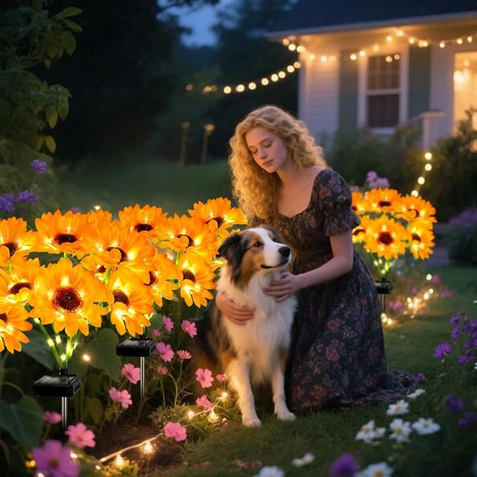 Solar Sunflower Lights 2 Pack with 12 Outdoor Decorative Lights, Birthday Gift for Mom and Friends, IP65 Waterproof Sunflower Garden Stake Lights for Yard Patio Lawn Pathway (Warm White)