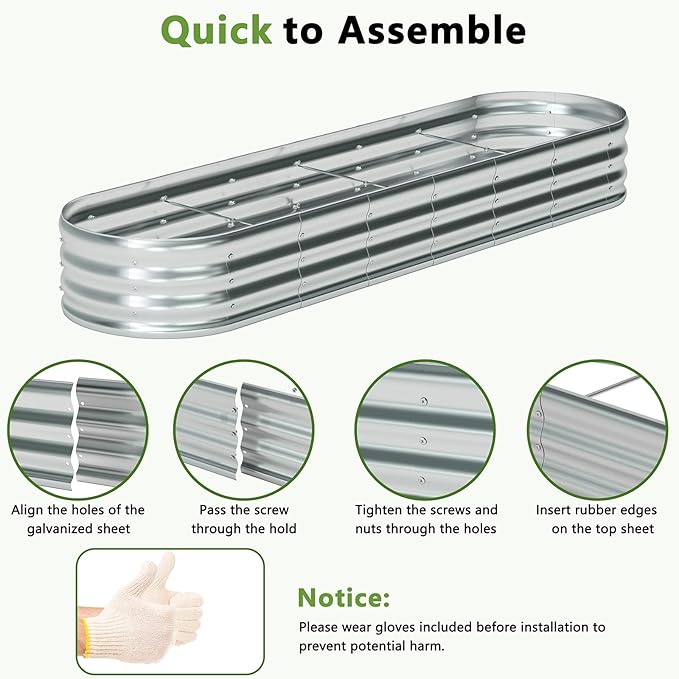 zizin Galvanized Raised Garden Bed Metal Oval Raised Garden Beds Outdoor Planter Box for Vegetables (8x2x1FT, Silver)