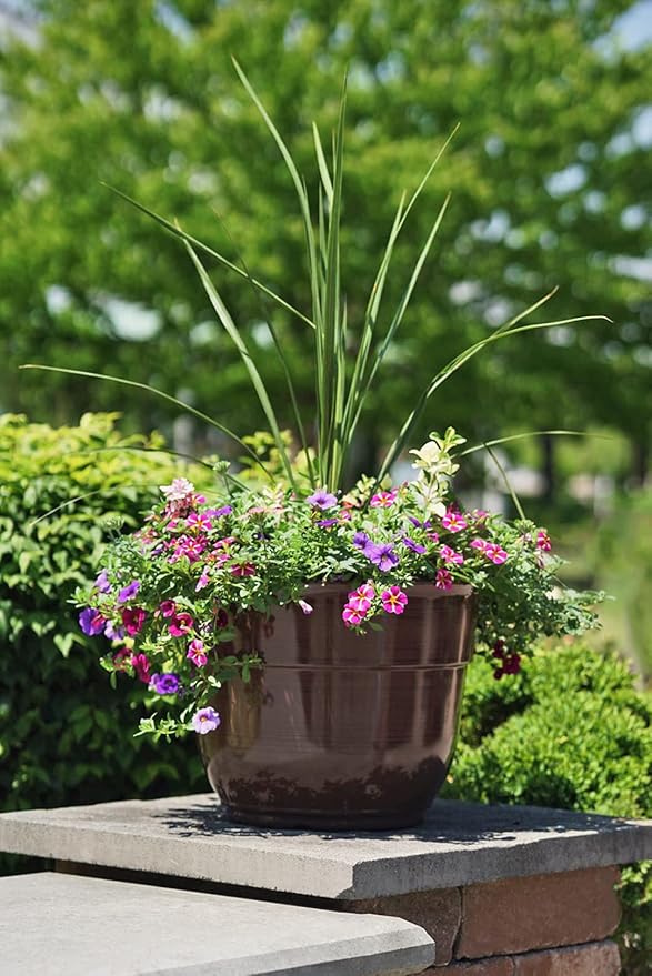 Garden Elements Indoor/Outdoor Glazed Brushed Happy Plastic Planter, Large, Dark Brown, 15" (Pack of 2)