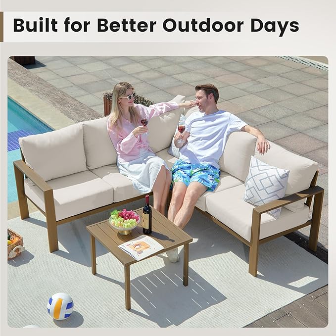 UDPATIO 6 Piece Patio Furniture Set, Faux Wood Metal Outdoor Sectional Sofa with 6" Thick Olefin Cushions, Wide Armrest & Coffee Table, L Shaped Outdoor Furniture for Garden, Backyard Beige