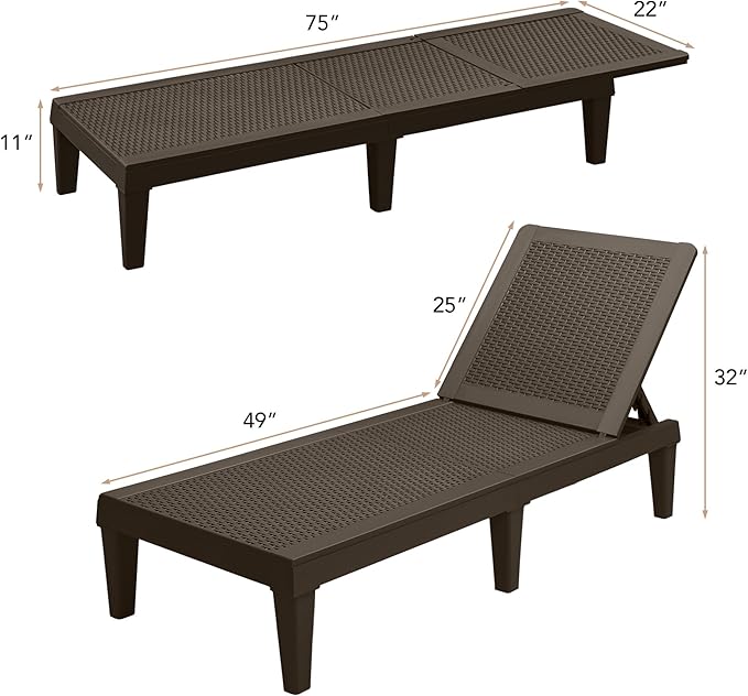 Devoko Outdoor Chaise Lounge Chair Set of 2 for Outside Pool Patio, Adjustable Waterproof Easy Assembly Chaise Lounge Outdoor (Deep Brown, Set of 2)