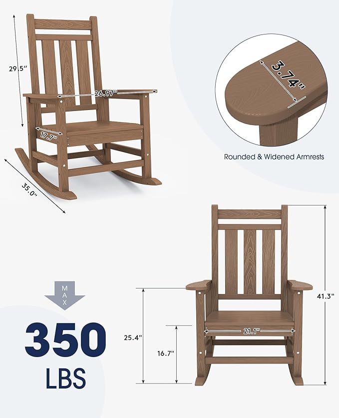 KINGYES Oversized Outdoor Rocking Chair Set of 4, All-Weather Patio Rocking Chairs for Porch, HDPE Outdoor Patio Rockers with High Back & Wide Seat for Garden, Lawn, Brown