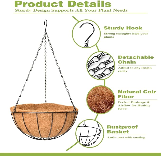 4 Pack 16 Inch Hanging Planters Outdoor Metal Hanging Flower Baskets with Coco Fiber Liners Chain Round Wire Plant Holder Hanging Flower Pots (Watermelon)