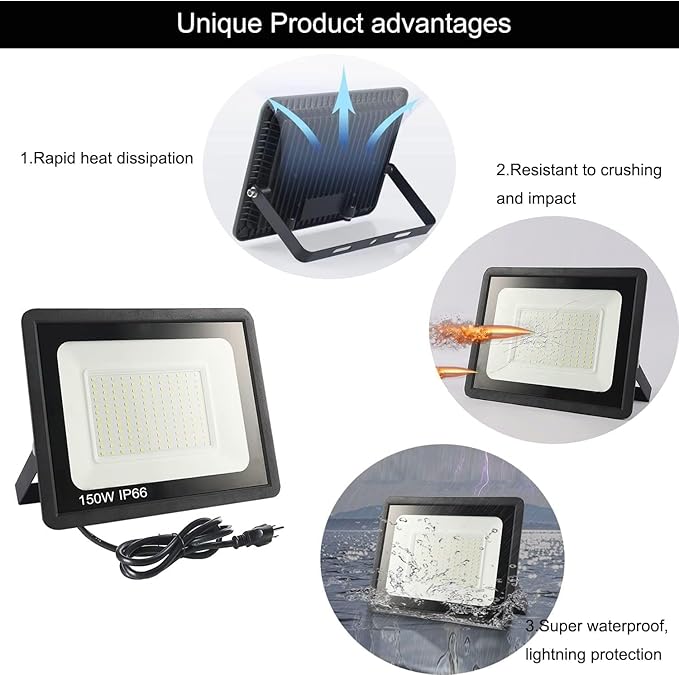 4Pack LED Flood Light Outdoor,150W LED Work Light 15500lm with 6FT US Plug,IP66 Waterproof Exterior Security Lights,6000K Daylight White Outside Floodlights Slim Design for Playground Yard