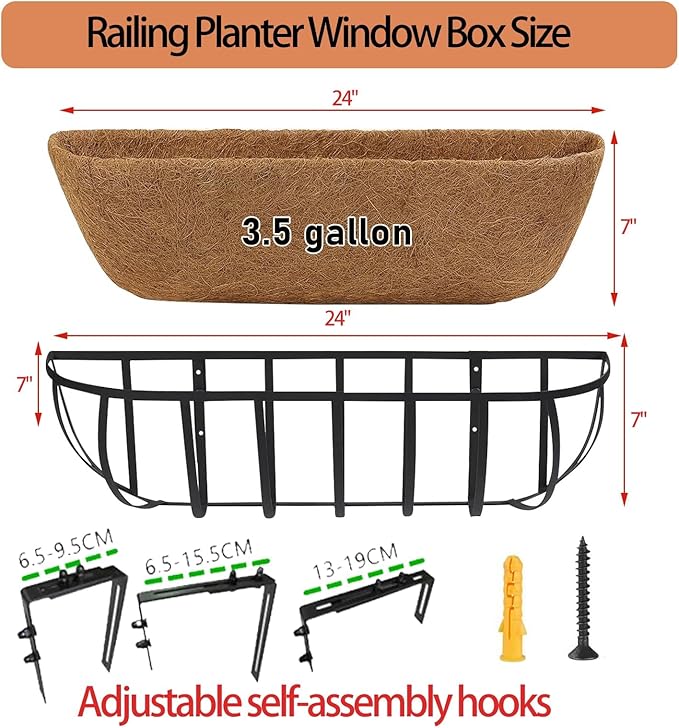 24'' Window Box Railing Planter with Coco Liner,2 Pack Horse Trough Planters Black Metal Hanging Flower Planters Basket for Porch Fence Patio Indoor Outdoor Lawn