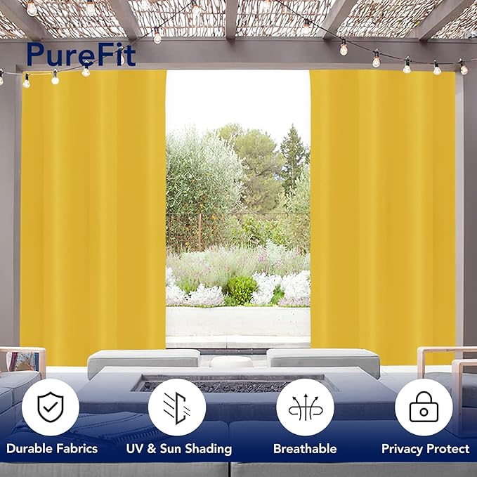 PureFit Outdoor Curtains for Patio Waterproof Weatherproof, UV Resistant Outside Curtains for Gazebo, Front Porch, Pergola, Sun Blocking Privacy Curtain, 52W x 120L inch, 1 Panel, Yellow
