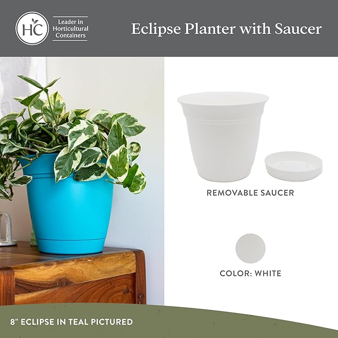 The HC Companies 16 Inch Eclipse Round Planter Pots with Drainage Holes & Attached Saucer, Lightweight UV-Resistant Plastic Indoor & Outdoor Planters, 2-Pack Flower Pots for Garden & Home Decor, White