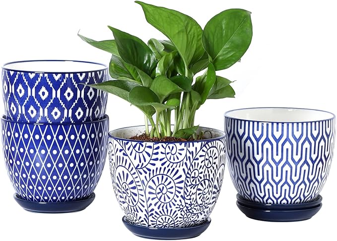 Selamica Ceramic Plant Pots, 5.6 Inch Flower Pots for Indoor Plants with Drainage Hole and Saucer,Home Decor, Set of 4, Vintage Blue