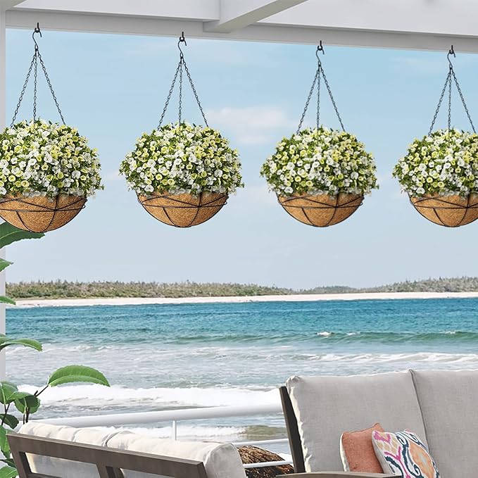 4 Pack 14 Inch Hanging Flower Baskets for Outdoor Plants Large Metal Wire Planters with Coco Liner Pot for Home Planting Black Watering Plant Holders for Outside Garden