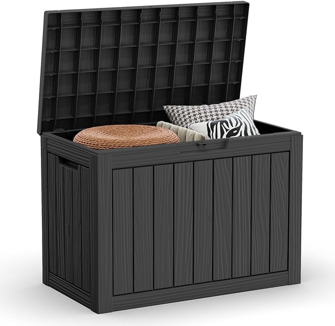 46 Gallon Outdoor Deck Box, Lockable Waterproof Outdoor Storage Boxes For Garden Tools,Indoor Cushions,Accessories Outside Storage Resin Weatherproof Container(Black)