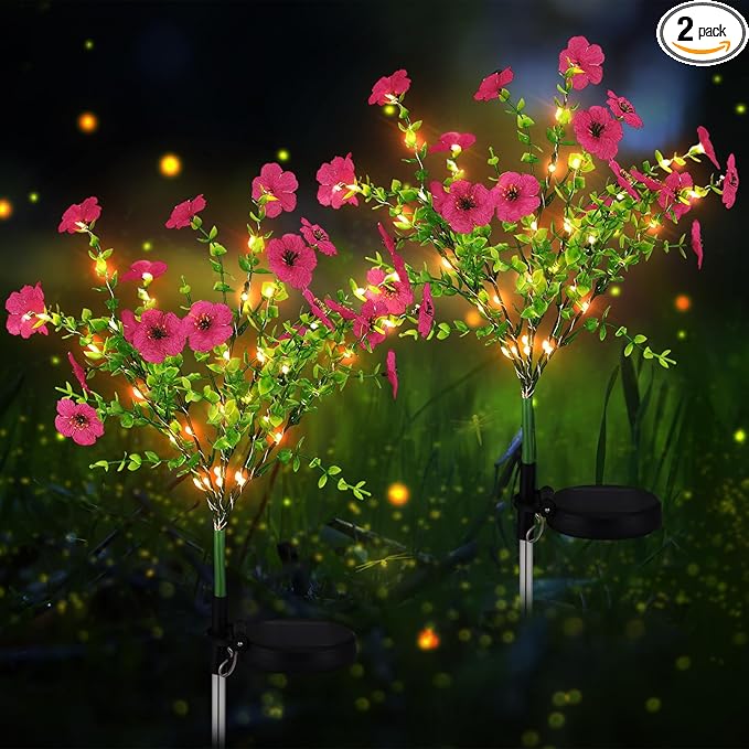 2 Pack Solar Stake Lights Outdoor Decor Waterproof Mums Artificial Flowers Solar Lights for Outdoor Garden Yard Pathway Decor (Rose Red,Violet)