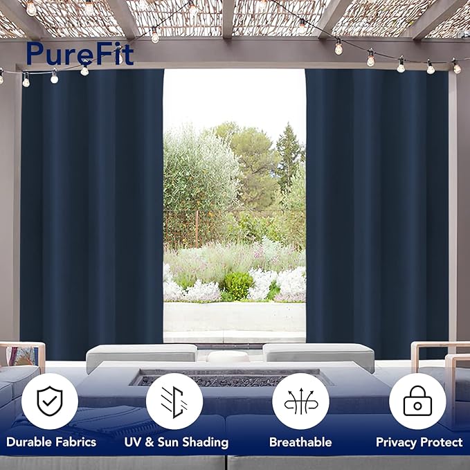 PureFit Outdoor Curtains for Patio Waterproof Weatherproof, UV Resistant Outside Curtains for Gazebo, Front Porch, Pergola, Sun Blocking Privacy Curtain, 52W x 120L inch, 1 Panel, Navy Blue