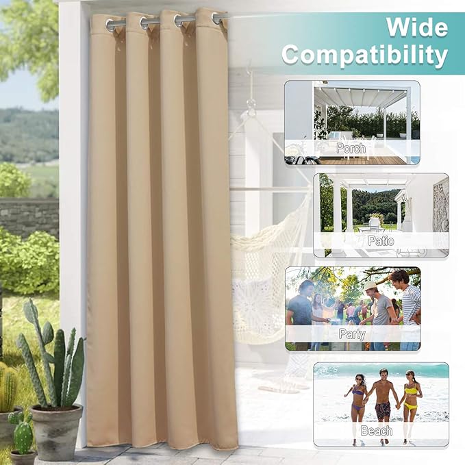 NICETOWN Outdoor Curtain Waterproof for Patio 95" Extra Long, Grommet Top Room Darkening Thermal Insulated 120" Extra Wide Protect You from Sun & Rain for Balcony/Porch, Biscotti Beige, 1 Panel