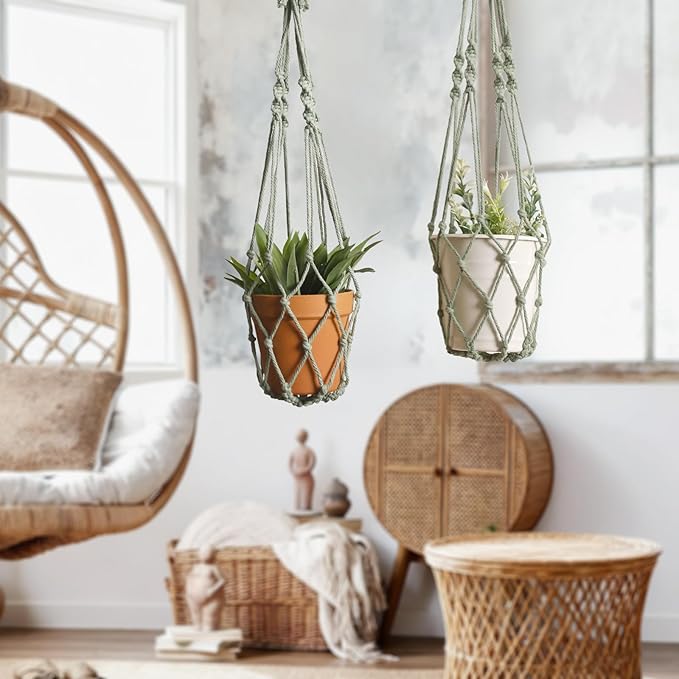 Artilady Macrame Hanging Planter for Indoor Plants, Boho Woven Plant Hanger Large Hanging Flower Pot Holders Outdoor Baskets Storage No Tassels Sage Green Wall Decor (Sage Green-2pcs)