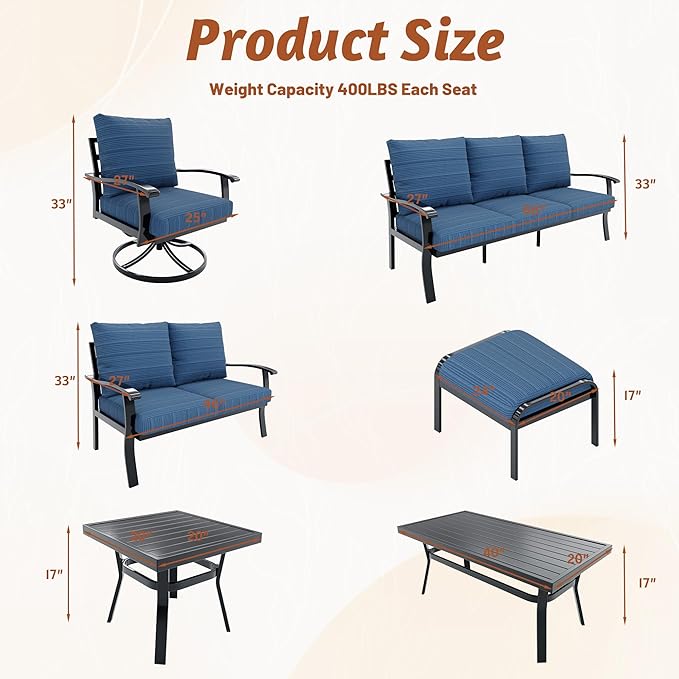 HOMREST Metal Outdoor Ottoman, 3-Piece Aluminum Footstool w/Removable Cushion, Multipurpose Footrest Stool with Coffee Side Table Additional Seating, Set of 3 Outdoor Ottomans for Patio Deck (Blue)