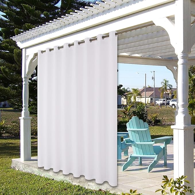 BONZER Waterproof Outdoor Curtains for Patio Porch Pergola Cabana Thick Privacy Wide Grommet Indoor Curtains for Bedroom Living Room, 1 Panel, 110W x 108L inch, White