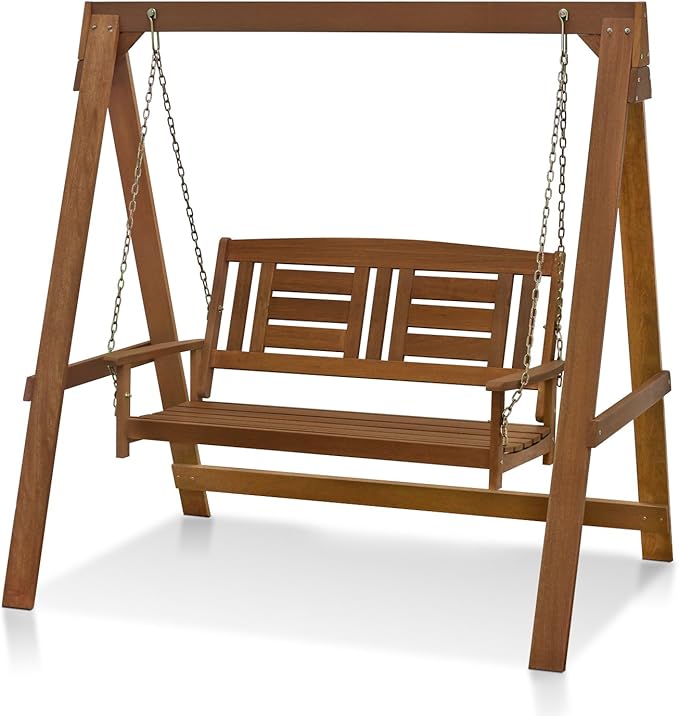 Furinno TIOMAN Porch Swing, Outdoor Hanging Wooden Swing with Stand in Teak Oil, Light Wood