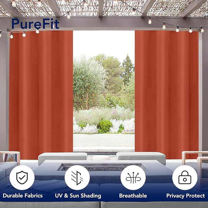 PureFit Outdoor Curtains for Patio Waterproof Weatherproof, UV Resistant Outside Curtains for Gazebo, Front Porch, Pergola, Sun Blocking Privacy Curtain, 52W x 108L inch, 1 Panel, Red Clay