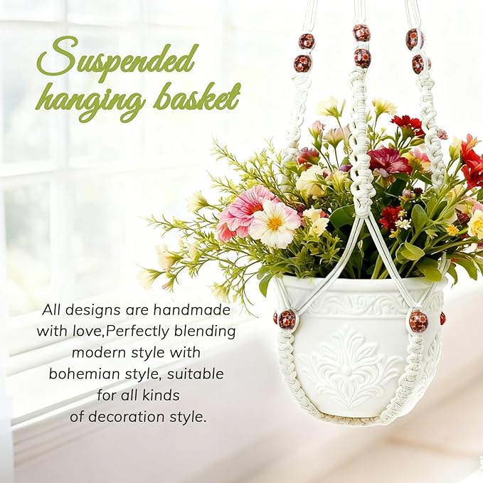 35 Inch Macrame Plant Hanger, Large for up to 15 Inch Pot Extra Long Hanging Planter Holder Basket with Wood Beads for Indoor Outdoor Home Decor (Ivory, 2-Pack)