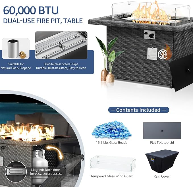 NICESOUL 13 Piece Patio Furniture with Fire Pit, Heavy Duty Wicker Outdoor Sectional with Firepit Table & Chaise Lounge, Big Large Sectional 10-Seats w/Firepit Propane/Natural Gas, Gray & Navy Blue