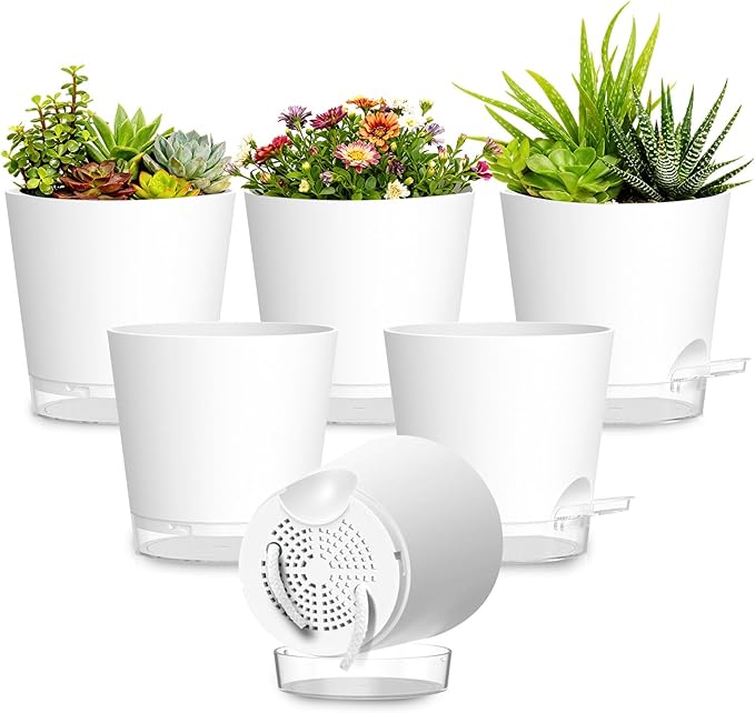 Plant Pots 5 Inch Self Watering Pots,6 Pack Plastic Planters with Drainage Holes and Clear Saucers,Plastic Flower Pots,Nursery Planting Pot for Indoor Out Door Plants (White)