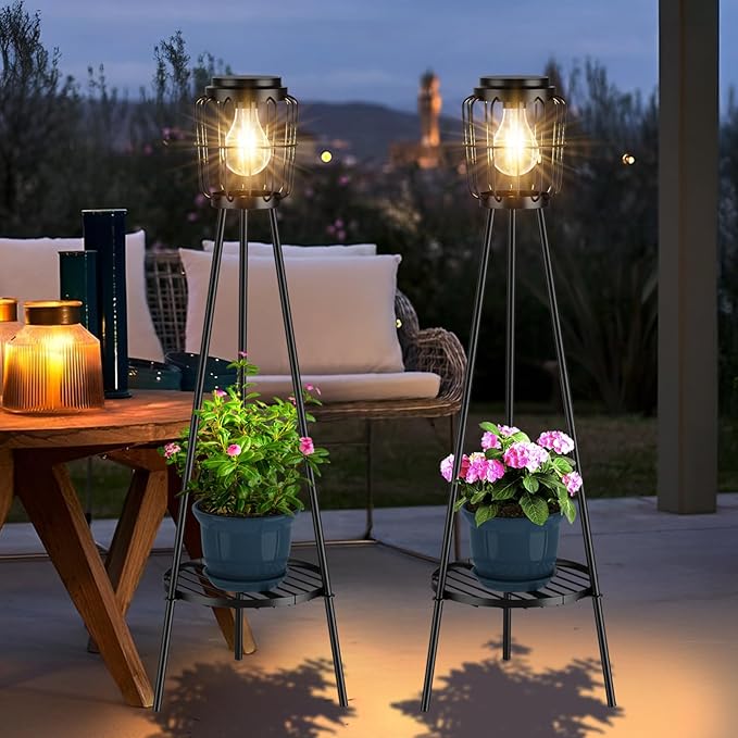 Solar Lights with Plant Stand, Outdoor Floor Lamp, Waterproof Solar LED Edison Bulb Light Flower Shelf for Patio Porch Deck Yard Garden Decor-1 Pack