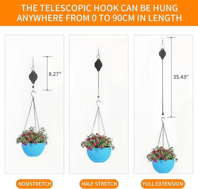 4PCS Plant Pulley Retractable Pulley Plant Hanger Hanging Flower Basket Hook Adjustable Retractable Plant Pulley Hangers - Versatile Height Hooks for Hanging Baskets, Flower Pots, and Bird Feeders