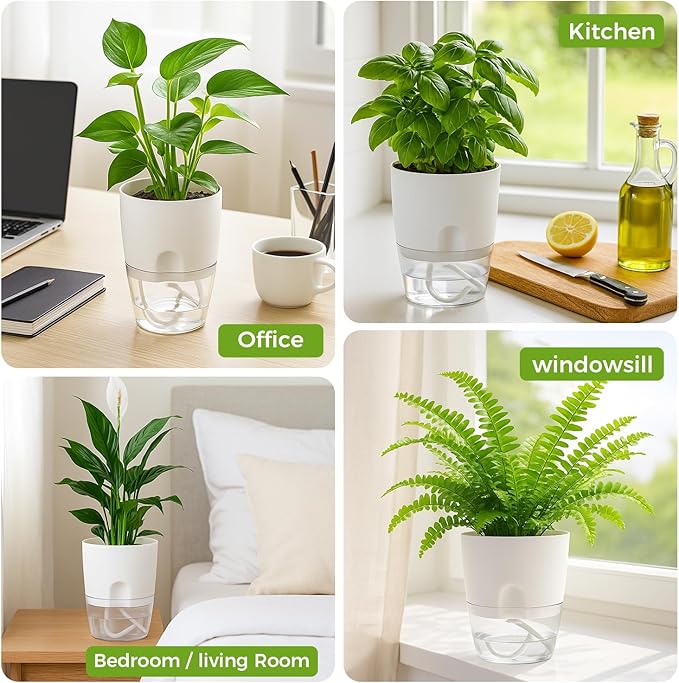 8 Pack Self Watering Pots for Indoor Plants, PlanterHoma 3.2 Inch Plant Pot Plastic Self Watering Planter for Orchid, African Violet, Mini Clear Flower Pots with Drainage Holes and Wicking Rope, White