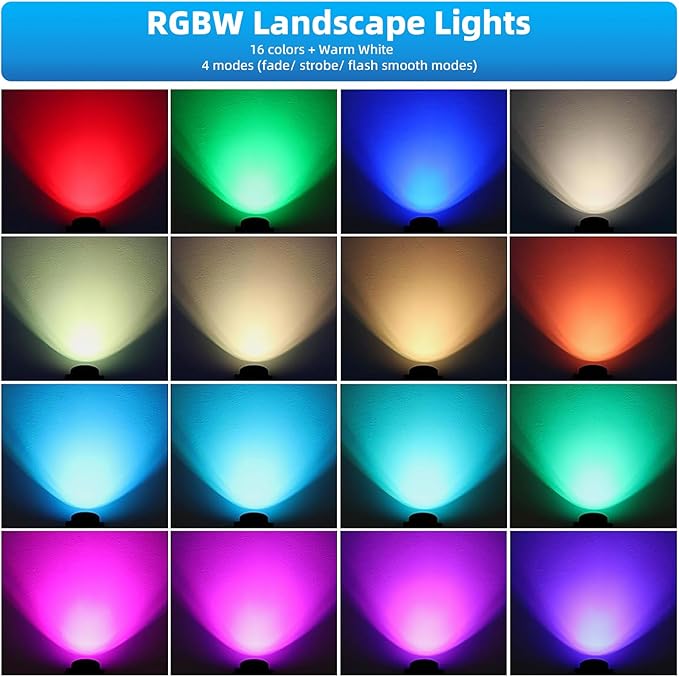 Low Voltage Landscape Lighting,12V-24V RGBW Color Changing Landscape Lights IP67 Waterproof Landscape Spotlights for Garden Yard Holiday Halloween Christmas Decor (2 Pack)