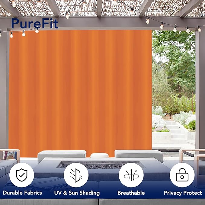 PureFit Outdoor Curtains for Patio Waterproof Weatherproof, UV Resistant Outside Curtains for Gazebo, Front Porch, Pergola, Sun Blocking Privacy Curtain, 150W x 95L inch, 1 Panel, Orange