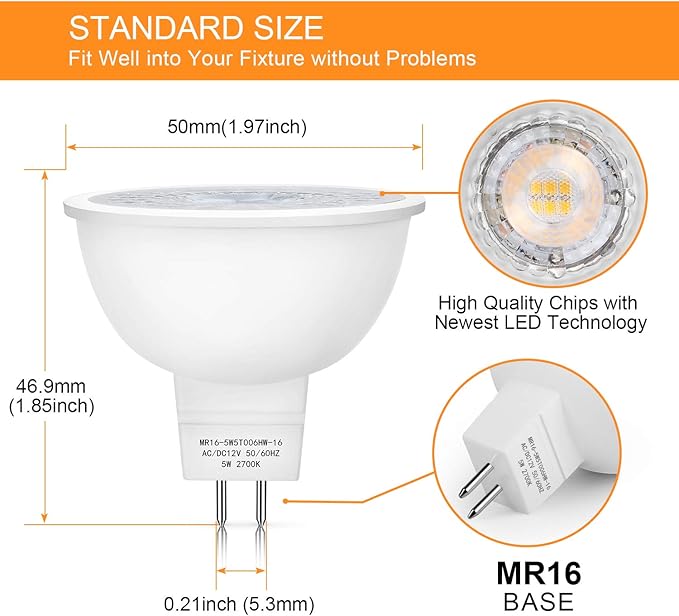 Mlambert 12 Pack MR16 LED Bulbs 50W Halogen Equivalent,2700K Warm White,5W GU5.3 MR16 12V Spotlight Bulb,Non-Dimmable,45° Beam Angle for Landscape