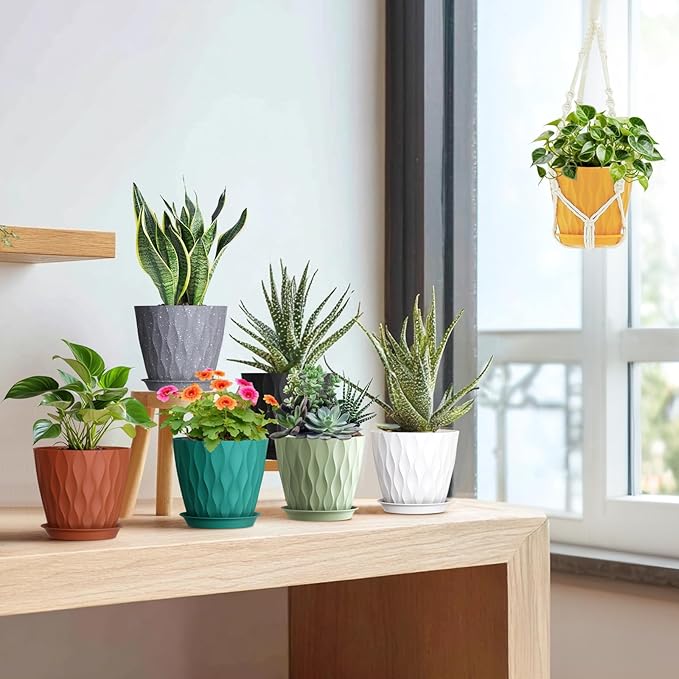 7 inch Plant Pots for Indoor Outdoor Plants, 5 Pack Thick Flower Pots with Drainage Holes and Saucers, 3D Modern Wave Texture Plastic Planter Nursery Pots, Speckled Grey
