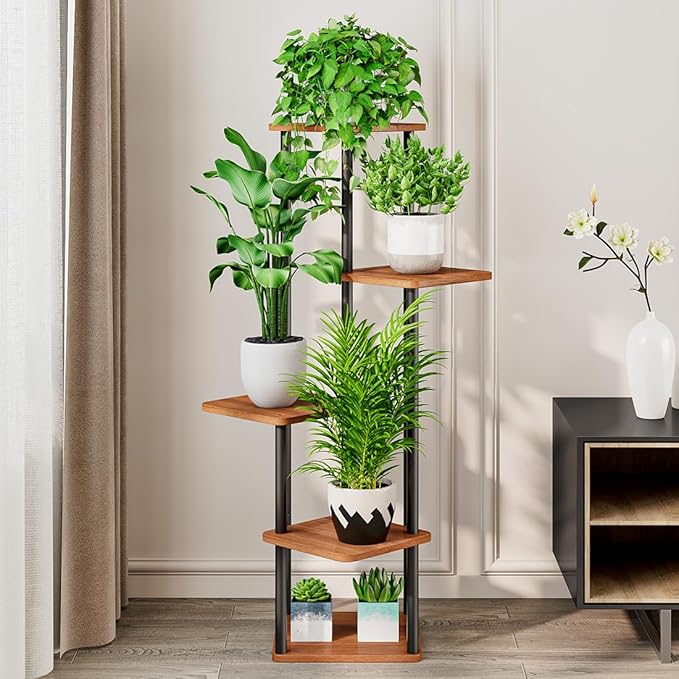 AZERPIAN Plant Stand 5 Tier Indoor Metal Flower Shelf for Multiple Plants Corner Tall Flower Holders for Patio Garden Living Room Balcony Bedroom, Walnut (5 Tier-Walnut)