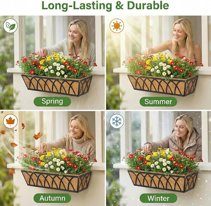 24 Inch Window Deck with Coco Liner, 24" Window Boxes Horse Trough with Coconut Coir Liner, Fence Metal Hanging Flower Planter Window Basket Deck Railing Planter Boxes for Outdoor Garden Lawn, 4pcs