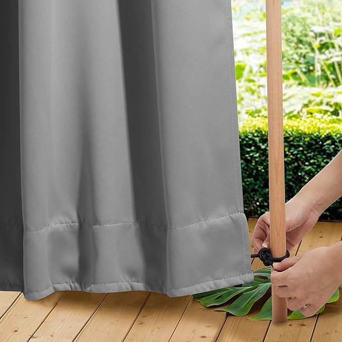 NICETOWN 2 Panels Waterproof Outdoor Curtains Fixed Grommet & Back Tab on Top & Bottom, Thermal Insulated Keep Rain & Sun Out Blackout Windpoorf Outdoor Draperies with Rope, W52 by L84, Silver Grey