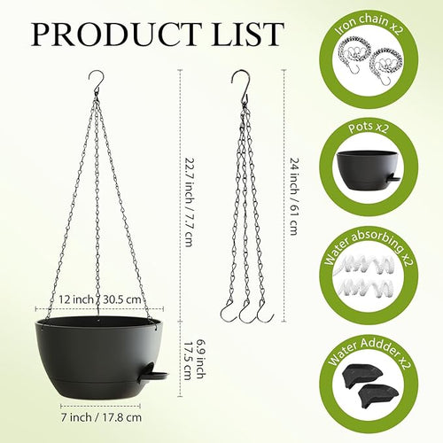 12 Inch Hanging Baskets 2 PC with Chains, Self-Watering Hanging Planters for Indoor Outdoor Plants, Plastic Hanging Flower Pots,Black
