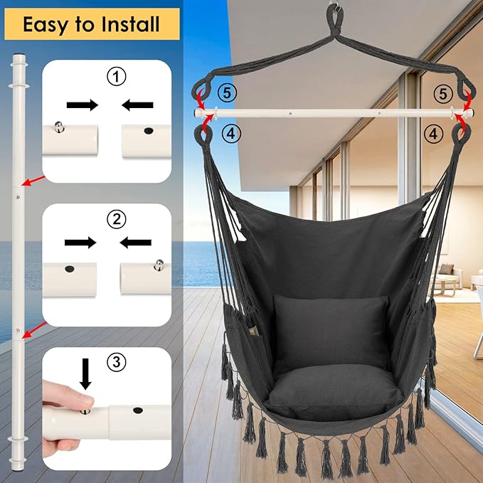 Y- STOP Hammock Chair Hanging Rope Swing, Max 500 Lbs, 2 Cushions Included, Large Macrame Hanging Chair with Pocket, Cotton Weave for Superior Comfort, Durability (Dark Grey)