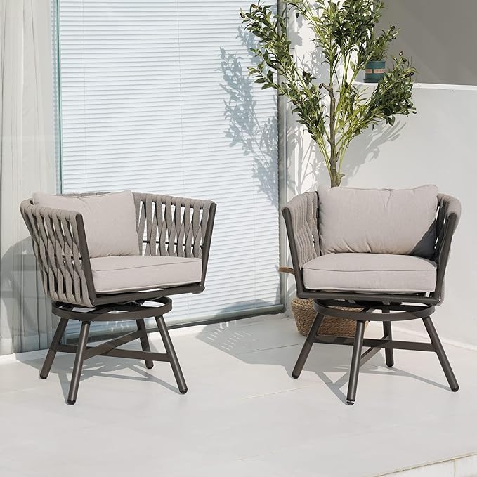 Grand patio Swivel Rope Wicker Chairs Set of 2, Patio Dining Chairs with Cushions, Wicker Armchairs Frame, Outdoor Modern Style for Backyard, Balcony, Quinn, Light Gray Brown