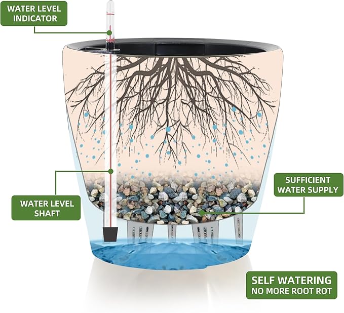 Dexceder 13x12 Self Watering Planter with Wheels Indoor Outdoor, Inner Pot Design, Thickened Large Floor Standing Flower Plant Pot with Water Level Indicator (Black Gold Crackle)