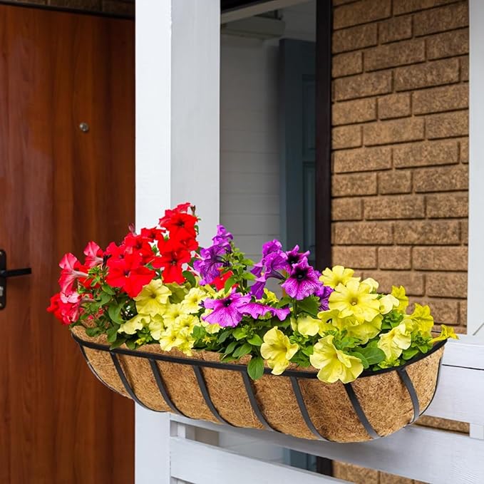 2 Pack 30 Inch Window Deck Railing Planter Boxes with Coconut Liner, Large Hanging Window Flower Boxes Metal Railing Planter for Balcony Fence Porch (2, 30 Inch)
